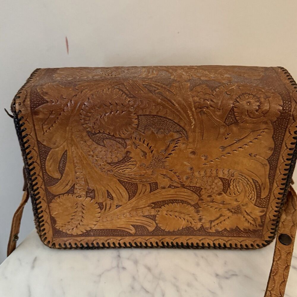 Vintage Hand Tooled Leather Handbag Brown Floral 9x6x3 - Picture 8 of 8